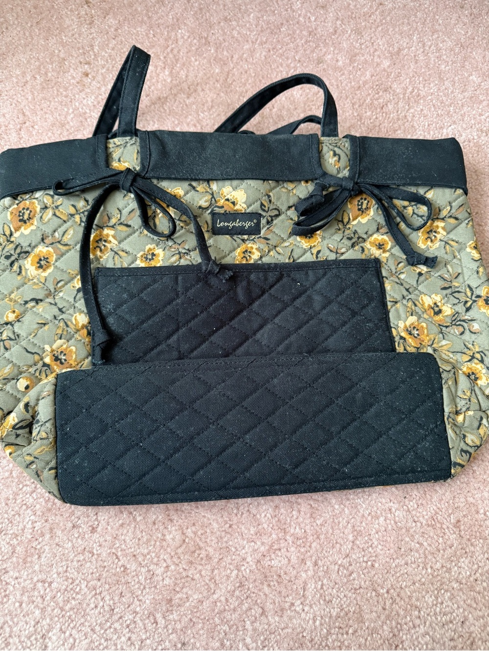 Longaberger Black and Olive Floral Quilted Tote